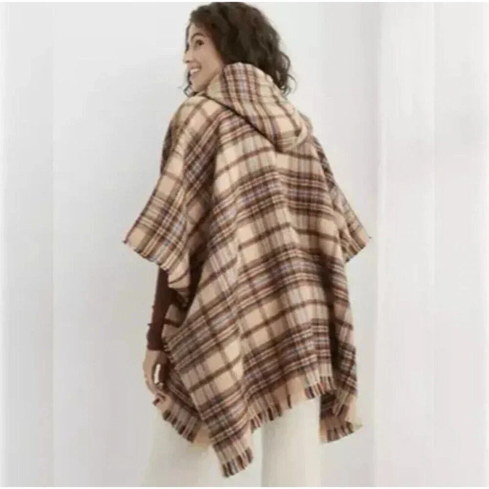 Aerie Hooded Plaid Poncho Shall Women's One Size Tan Toggle Front Closure